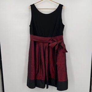 SLNY Black & Burgundy Fit and Flare Midi Dress with Bow Belt Women’s Plus16W